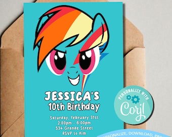 Invitación de cumpleaños de Rainbow Dash: invitación de cumpleaños de My Little Pony con temática infantil: plantilla imprimible, editable e imprimible (5 x 7)