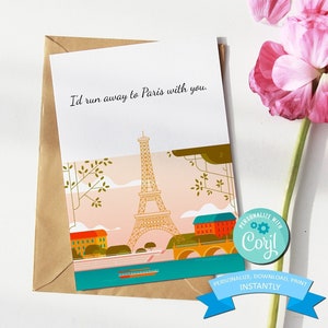 Me escaparía a París contigo - Tarjeta de felicitación - Tarjeta de amor romántico - Tarjeta del Día de San Valentín imprimible - (5x7)