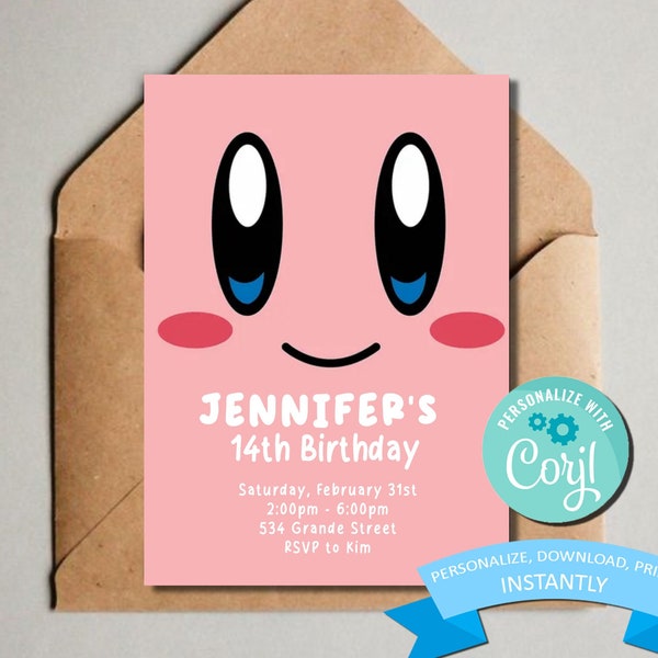 Invitación de cumpleaños de Kirby - Invitación de cumpleaños de Kirby rosa con temática infantil - Plantilla imprimible - Editable e imprimible (5x7)