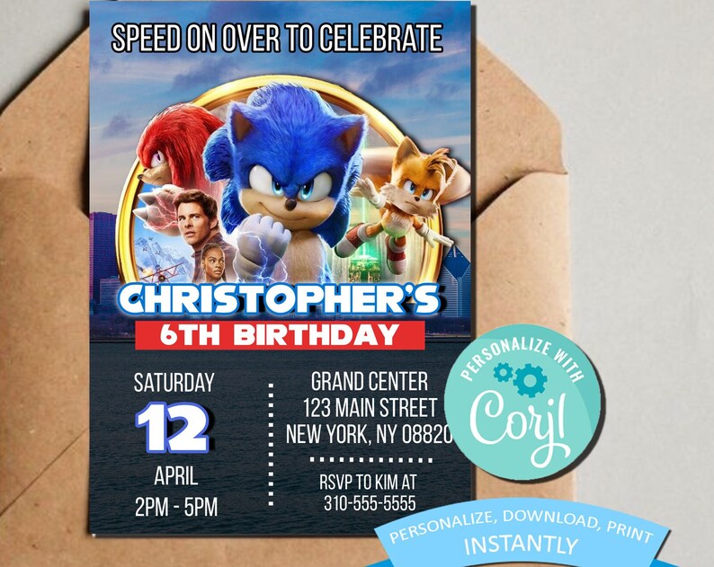 Sonic Birthday Invitation Kids Themed Birthday Party Invite Printable Template Sonic the Hedgehog Editable Printable Invite