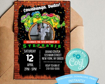 Teenage Mutant Ninja Turtles Birthday Invitation with Picture - Kids Themed TMNT Birthday Invite  - Template - Editable & Printable (5x7)