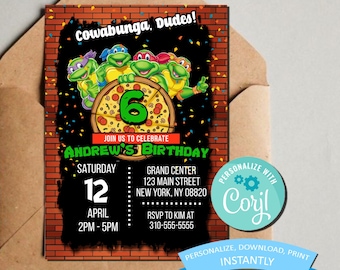 Teenage Mutant Ninja Turtles Birthday Invitation - Kids Themed TMNT Birthday Invite  -  Printable Template - Editable & Printable (5x7)