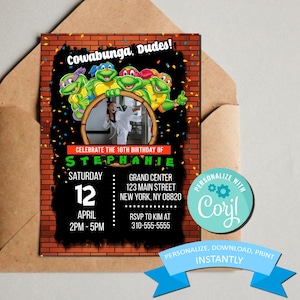 Teenage Mutant Ninja Turtles Birthday Invitation with Picture - Kids Themed TMNT Birthday Invite  - Template - Editable & Printable (5x7)