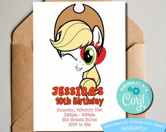 Apple Jack Birthday Invitation - Kids Themed My Little Pony Birthday Invite  -  Printable Template - Editable & Printable (5x7)