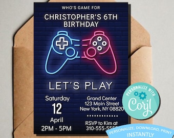 Video Game Birthday Invitation - Kids Themed Gamer Invitation - Printable Template - Editable & Printable Gaming Birthday Invitation (5x7)