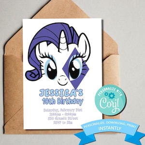 Rarity Birthday Invitation - Kids Themed My Little Pony Birthday Invite  -  Printable Template - Editable & Printable (5x7)