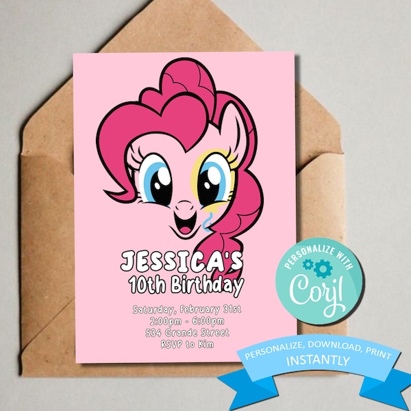 Pinkie Pie Birthday Invitation - Kids Themed My Little Pony Birthday Invite  -  Printable Template - Editable & Printable (5x7)