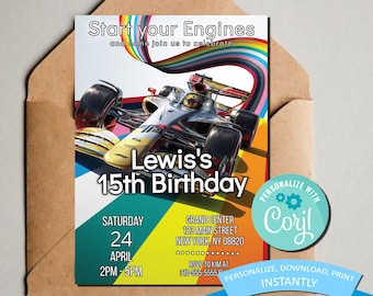 May include: A colorful invitation for a 15th birthday party with a race car graphic. The invitation says "Start your Engines and come join us to celebrate Lewis's 15th Birthday". The party is on Saturday, April 24th from 2pm to 5pm at Grand Center, 123 Main Street, New York, NY 08820. RSVP to Kim at 310-555-5555. The invitation also says "Personalize with Coril" and "Personalize, Download, Print Instantly".