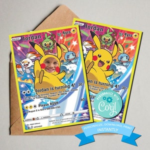 Faire-part d'anniversaire carte Pokémon - ajouter ou supprimer le visage dans le trou - modèle imprimable - invitation modifiable et imprimable carte Pokémon (5 x 7)