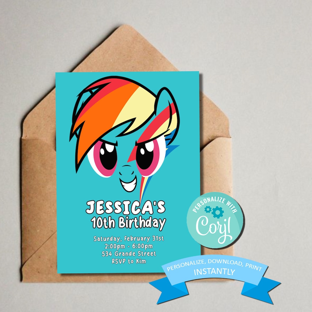 Rainbow Dash Birthday Invitation - Kids Themed My Little Pony Birthday ...