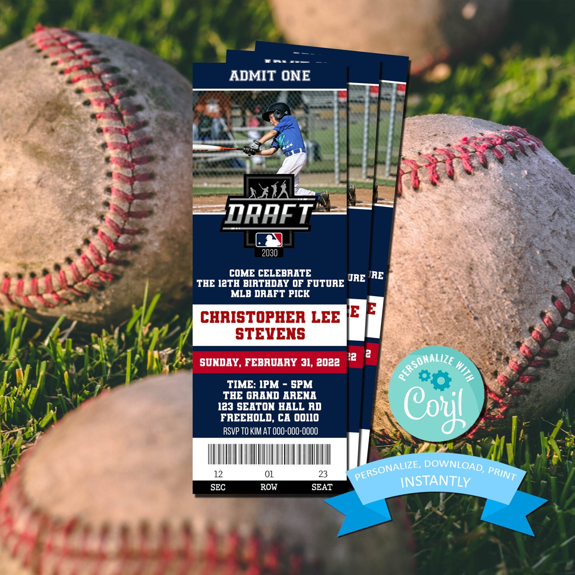Future MLB Draft Pick Ticket Baseball Invitation With Picture Birthday