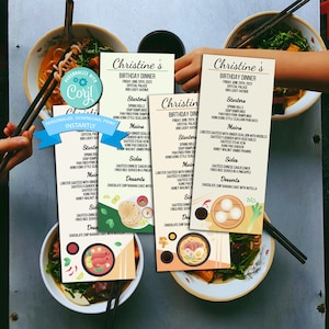 Modelo de menu de jantar asiático - QUATRO convites de jantar personalizados de inspiração asiática - menus editáveis e imprimíveis para gourmets (3,5 x 8,5)