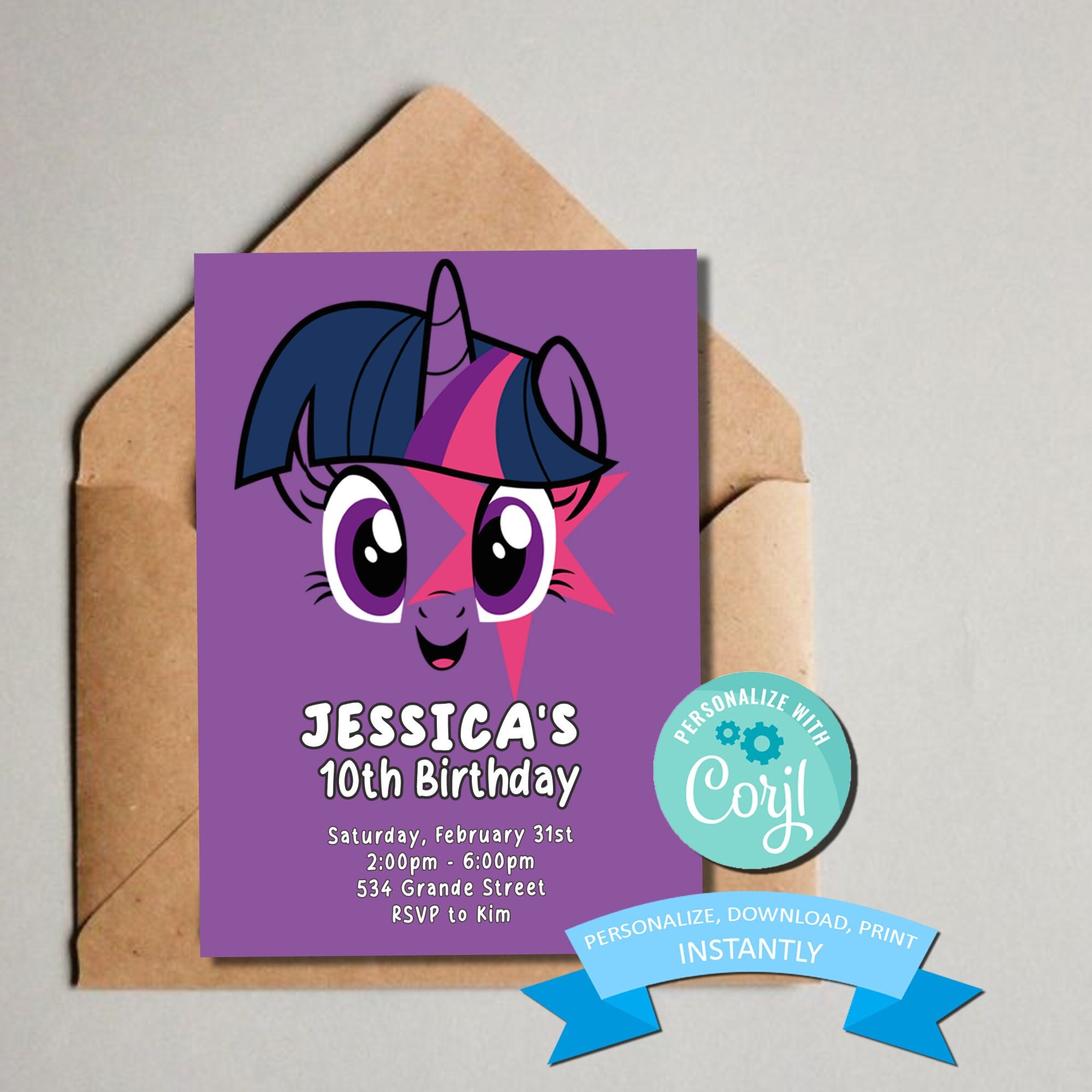 Twilight Birthday Invitation Kids Themed My Little Pony Birthday Invite Printable Template Editable Printable 5x7
