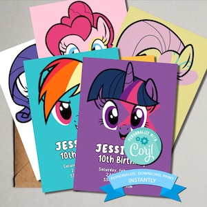 Ponies Set (5) Birthday Invitation - Kids Themed My Little Pony Birthday Invite  -  Printable Template - Editable & Printable (5x7)