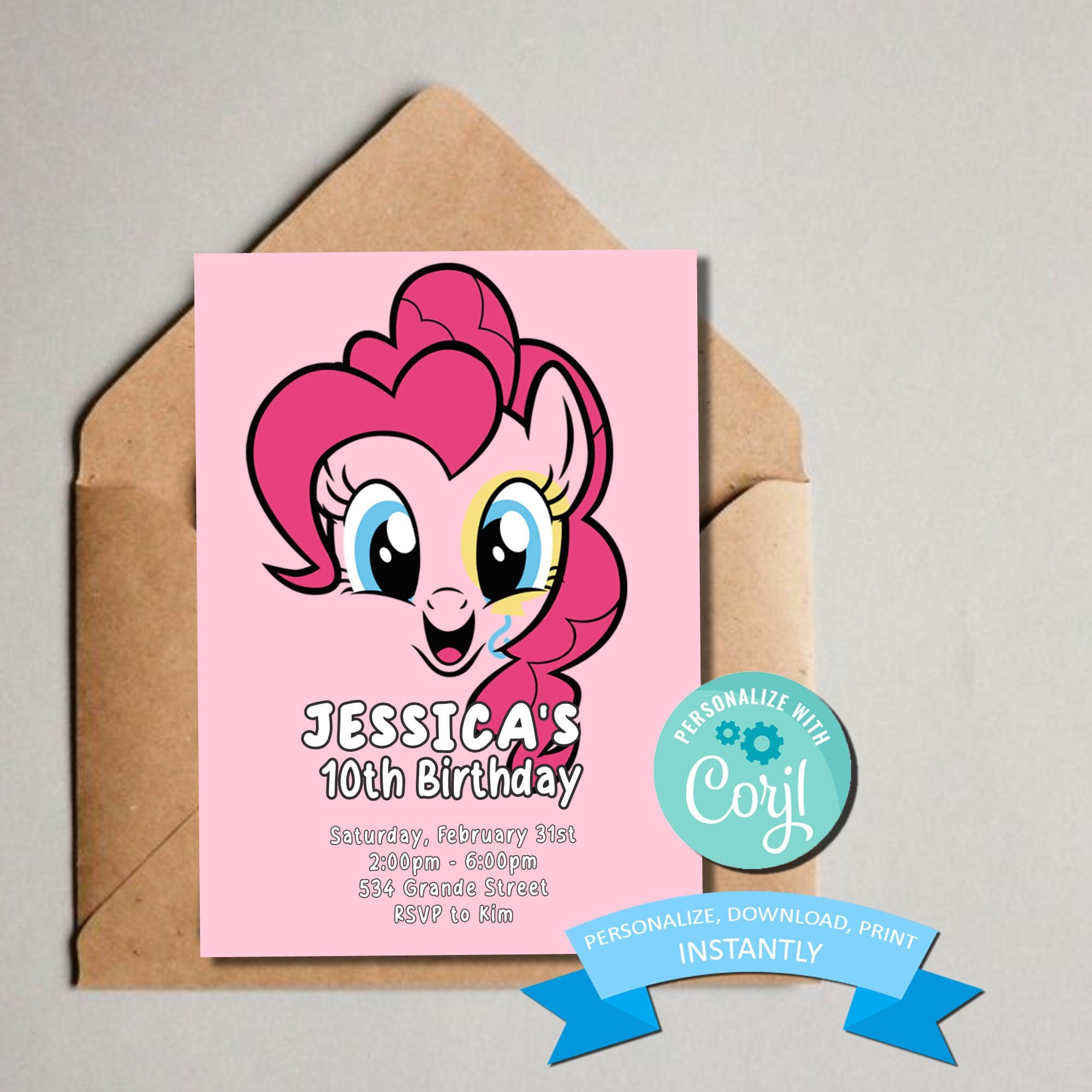 Pinkie Pie Birthday Invitation Kids Themed My Little Pony Birthday Invite Printable Template Editable Printable 5x7