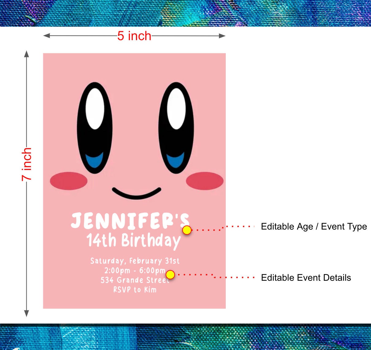 Kirby Birthday Invitation Kids Themed Pink Kirby Birthday Invite ...