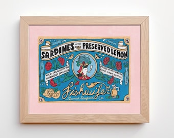FishWife Sardines with Lemon Art Print: Vintage Fish Packaging Illustration Artwork, Wall Decor