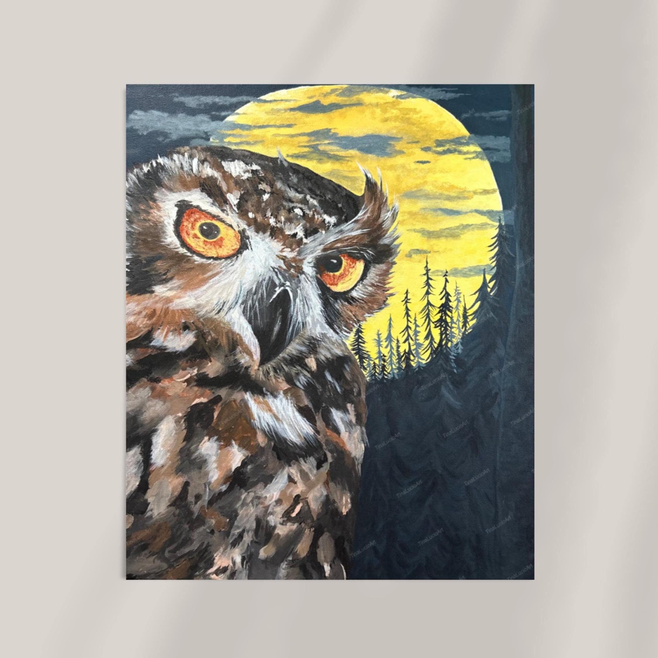 Moonlit Watcher: Original 16x20 Acrylic Owl Painting on Canvas