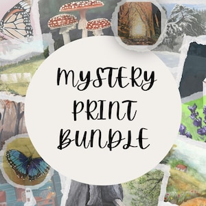 May include: A collection of watercolor art prints, including images of mushrooms, a butterfly, a witch, and a forest scene. The prints are arranged around a central circle with the words "Mystery Print Bundle" in black script.