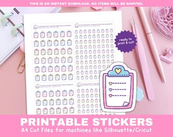 May include: Printable A4 sticker sheet with a design of multiple checklists with pastel colors. The sheet is ready to print and cut for use with Silhouette or Cricut machines.