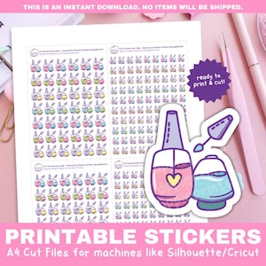Puede incluir: Hoja de pegatinas imprimible con varios diseños de botellas de esmalte de uñas. La hoja está lista para imprimir y cortar para usar con una máquina Silhouette o Cricut. El texto "¡listo para imprimir y cortar!" está en una estrella morada.