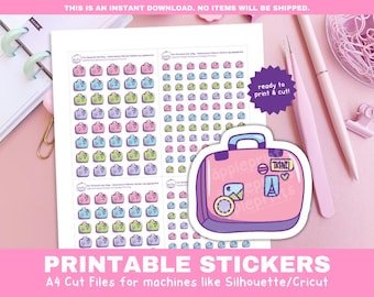 May include: Printable sticker sheet with a pink suitcase design and the text "ready to print & cut!" and "applex TKINI". The sheet includes multiple smaller suitcase designs in pink, green, and blue.