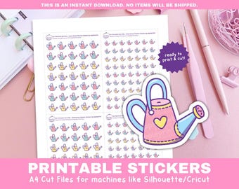 May include: Printable sticker sheet with a variety of colorful watering can designs. The sheet is ready to print and cut for use with a Silhouette or Cricut machine. The text "ready to print & cut!" is included on the sheet.