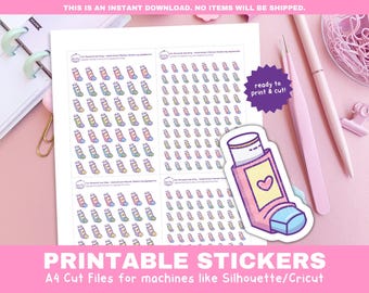Astma-inhalatorpictogramstickers | Medicijnnavulling en gezondheidsplannerstickers | Afdrukbare stickers voor de Cricut en Silhouette