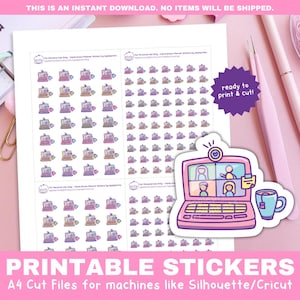 May include: Printable stickers featuring a design of a laptop with a video call screen and a cup of tea. The stickers are arranged in a grid pattern on a white sheet of paper. The text "ready to print & cut!" is written in a purple starburst. The text "PRINTABLE STICKERS" is written in a large font at the bottom of the image. The text "A4 Cut Files for machines like Silhouette/Cricut" is written in a smaller font below the larger text.