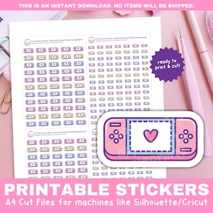Puede incluir: Hoja de pegatinas imprimible con 100 pegatinas de consola de juegos lindas. Las pegatinas son de varios colores pastel y presentan un diseño de corazón. La hoja está lista para imprimir y cortar para usar con una máquina Silhouette o Cricut.