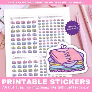 May include: Printable sticker sheet with a variety of colorful clothing items. The sheet is ready to print and cut for use with a Silhouette or Cricut machine. The text "ready to print & cut!" is in a purple starburst shape.