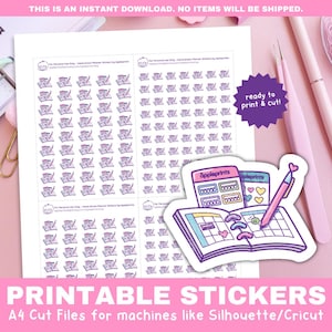 Puede incluir: Pegatinas imprimibles para planificadores y diarios. Las pegatinas presentan un planificador morado y azul con un bolígrafo y una hoja de pegatinas con el texto "appleprints". El texto "¡listo para imprimir y cortar!" está en una estrella morada.