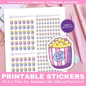May include: Printable A4 sticker sheet with multiple designs of popcorn in a bucket with the text "Pop Corn" in a heart. The stickers are ready to print and cut.