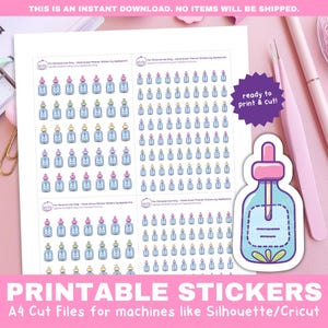 May include: Printable sticker sheet with 100 small blue glass bottle illustrations with different colored droppers. The bottles have a white label with a line for writing. The sheet is ready to print and cut for use with a Silhouette or Cricut machine.