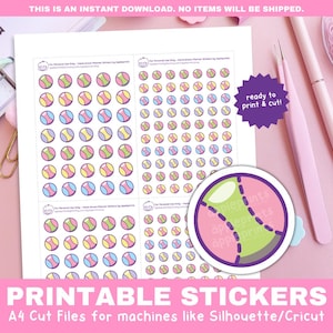 May include: Printable sticker sheet featuring a design of colourful baseballs. The sheet is ready to print and cut for use with a Silhouette or Cricut cutting machine. The text "ready to print & cut!" is in a starburst shape.