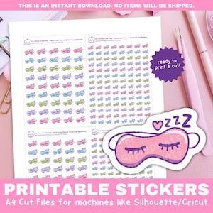 May include: Printable sticker sheet with multiple rows of colorful sleep mask icons. The sheet also includes a single larger sleep mask icon with the text "zzz" and a heart. The text "Printable Stickers" and "A4 Cut Files for machines like Silhouette/Cricut" is at the bottom of the sheet.