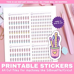 May include: Printable sticker sheets featuring a variety of cactus designs in pink, blue, and yellow. The sheets are ready to print and cut for use with Silhouette or Cricut machines. The image also includes a sticker of a pencil holder with pencils, a ruler, and a paintbrush.