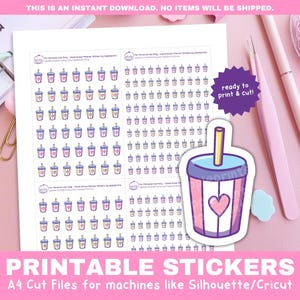 May include: Printable stickers featuring a repeating pattern of colorful drink illustrations. The stickers are designed for A4 cut files and are ready to print and cut. The image includes pens, paperclips, and the text "PRINTABLE STICKERS".