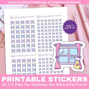 May include: Printable stickers with window designs and text. The stickers are ready to print and cut, with A4 cut files for machines like Silhouette/Cricut. The image includes a sticker of a window with pink curtains and a spray bottle.