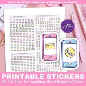 May include: Printable phone sticker sheets for Silhouette or Cricut cutting machines. The sheets feature a variety of phone icons, including a phone with a call icon and a phone with an email icon. The sheets are ready to print and cut.