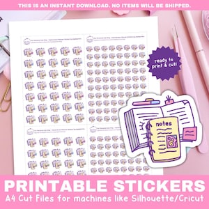 May include: Printable sticker sheet with a variety of colorful notebook and book illustrations. The sheet is ready to print and cut for use with a Silhouette or Cricut cutting machine. The text "ready to print & cut!" is in a purple starburst.