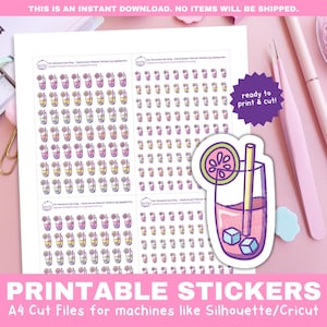 May include: Printable sticker sheet with a design of a pink and purple glass of lemonade with a lime wedge and a straw. The sheet is ready to print and cut for use with a Silhouette or Cricut machine. The text "ready to print & cut!" is on the sheet.