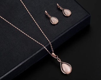 Roségouden sieradenset bruiloftssieraden, bruidsmeisjescadeau, roségouden ketting en oorbellenset, cadeau voor haar, sieradensets