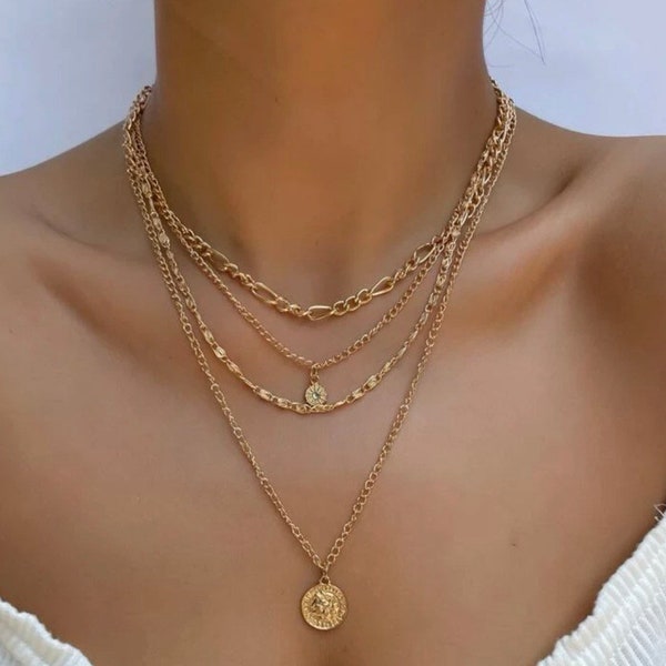 Collier multirangs, collier en or, collier en argent, collier superposé, cadeaux pour elle, colliers multirangs