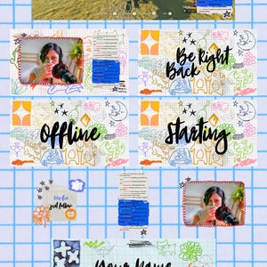 May include: A digital Twitch overlay set featuring a grid-paper background with hand-drawn doodles of stars, flowers, and abstract shapes. Includes screens with text reading Be Right Back, Offline, Starting, and Your Name, plus video frames.