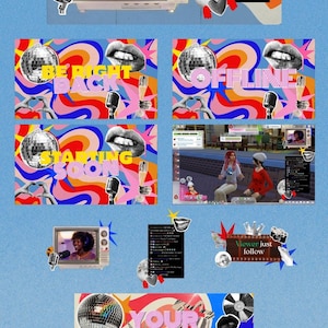 Könnte beinhalten: Ein farbenfrohes Twitch-Overlay-Design mit Retro-Disco-Thema. Das Design umfasst einen Vintage-Fernseher, Discokugeln, Mikrofone und Text-Overlays wie "Be Right Back" und "Your Name". Die Worte "Disco Halftone Twitch Overlay" stehen unten.