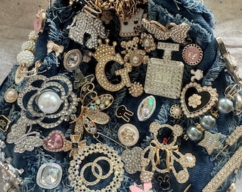 Monedero de mezclilla con letras y joyas, color rosa Gens, monedero de mezclilla con letras y joyas, monedero con joyas, monedero de mezclilla con diamantes y perlas.