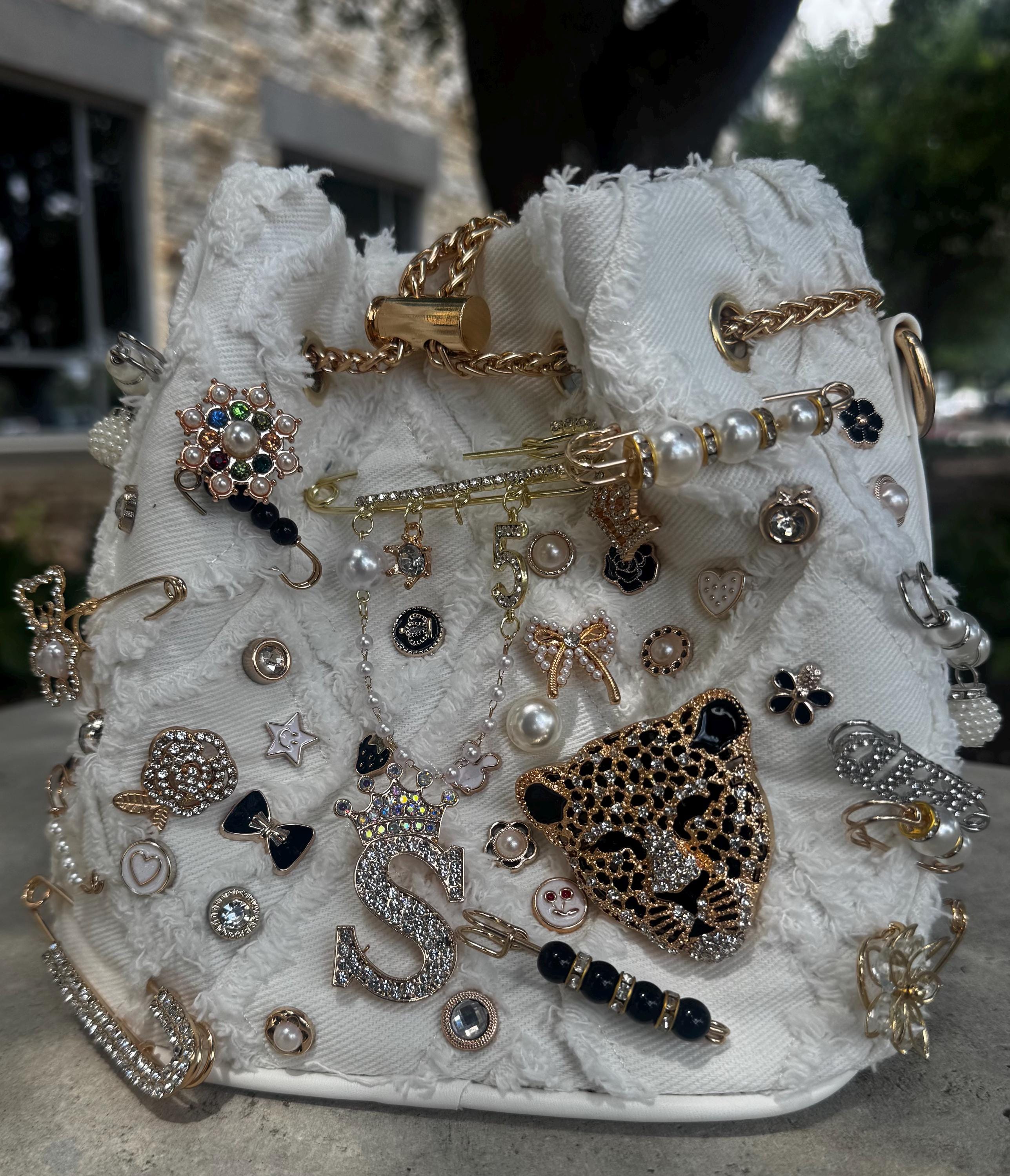 NWT ALDO Denim Blue OOTD Backpack Charms Pins Rhinestones Pearls Chain Strap Y2K Rhinestone Denim Bag - Etsy main image 2