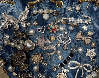 Jeweled Denim Purse Gibit Purse with Brooches