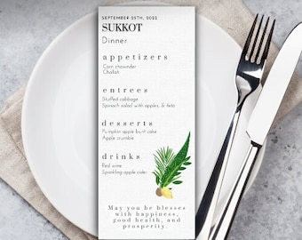 Sukkot menu template. Jewish high holiday menu template. Sukkot download. Sukkot printable template. DIY Sukkot. lulav and etrog menu